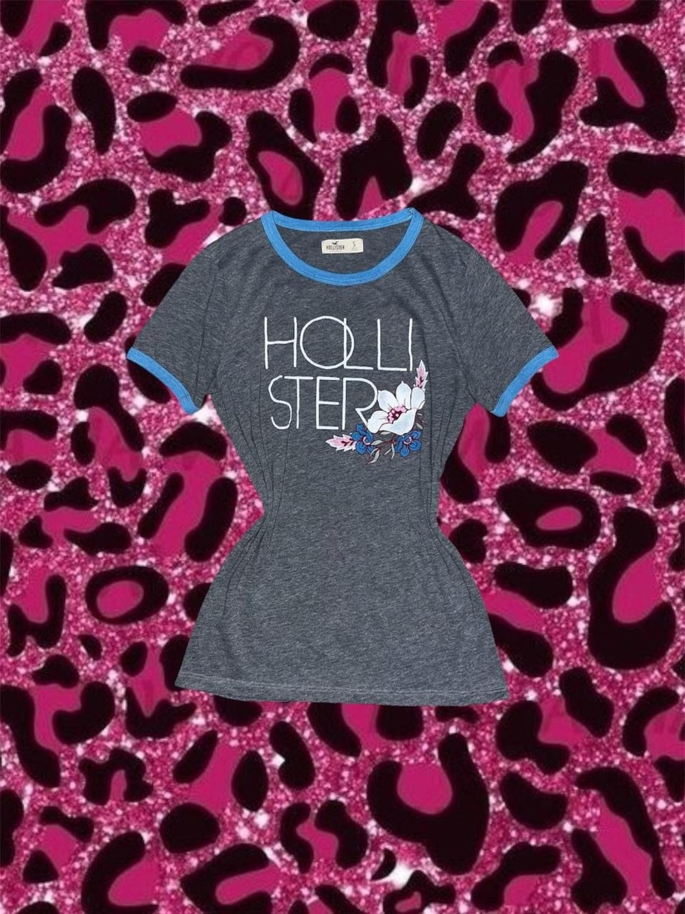 Hollister Heather Navy Graphic Ringer Tee with Blue Trim